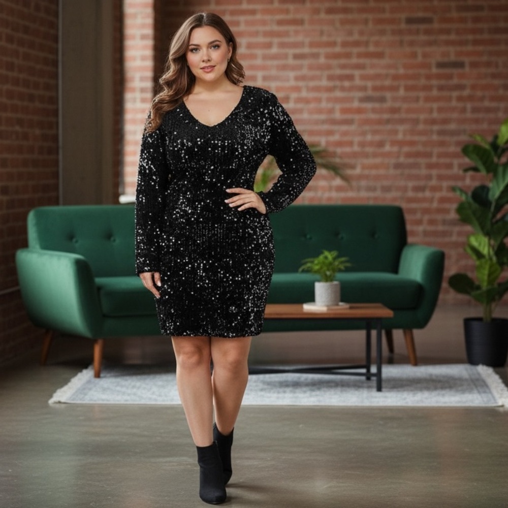 In’Voland Black Sequin V Neck Party Cocktail Sparkle Glitter Stretchy Dress